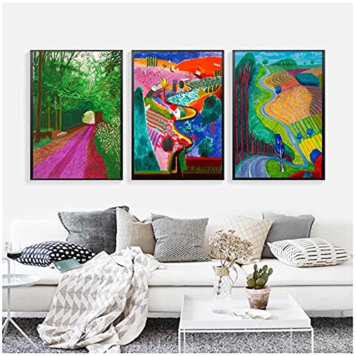 Bild Leinwand 50x70cm 3 Stück KEIN Rahmen David Hockney Landschaft Bunte Poster Ankunft des Frühlings Kunst Leinwand Malerei Wandbild für Wohnzimmer Dekoration von DTSGFBH