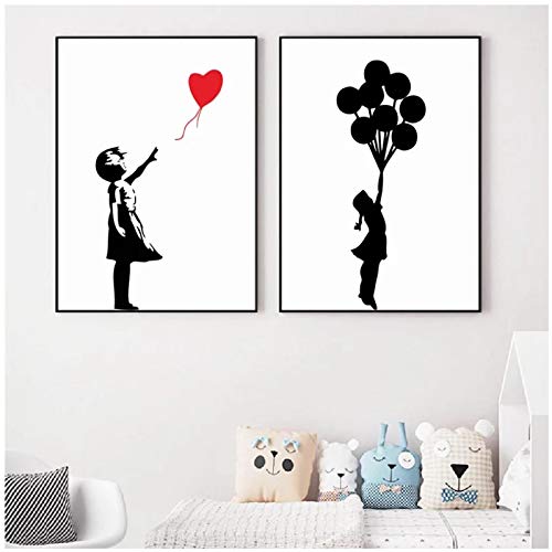 kunstdrucke Mädchen mit Ballon Banksy Poster Wandkunst Drucke Leinwand Malerei Schwarzweiß Wandbilder Street Art Home Decoration - (50x70cm) x2pcs Rahmenlos von DTSGFBH