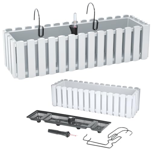 Blumenkasten Blumentopf Balkonkasten Latten-Optik mit Halterungen Wasserspeicher Pflanzkasten Pflanzgefäß inkl. Aufhängung Lattenzaun-Design (58 Weiß) von DTU24