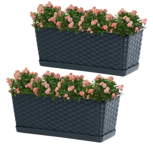 DTU24 2er Set Balkontopf mit Untersatz, Pflanzkasten, Balkonkasten mit Wasser Öffnungen, Blumenkasten für Rosen, Oleander, Rattan Imitation (2 Stück, 40cm, Anthrazit) von DTU24