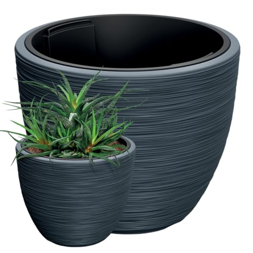 Frostsicherer Design-Blumentopf Forum 57 cm mit Einsatz – Anthrazit | 92 L Volumen | Kunststoff-Pflanzkübel mit Rillenstruktur für Innen & Außen von DTU24