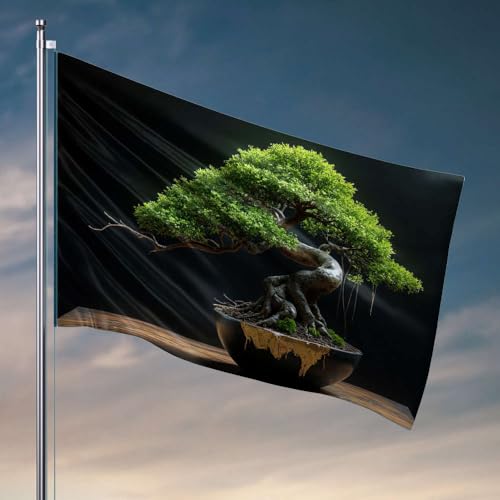 Coole Dekoration für Jungenzimmer, Bonsai-Baum mit aufwendigen Wurzeln in einem schwarzen Topf. Flagge Happy Camper Geschenke Raumflaggen für Mädchen (60 x 90 cm) von DTWE