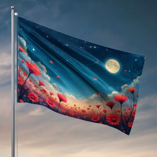 Coole Dekoration für Jungenzimmer, ein Feld roter Blumen unter einem Sternenhimmel mit Vollmond. Flagge Happy Camper Geschenke Raumflaggen für Mädchen (152 x 244 cm) von DTWE