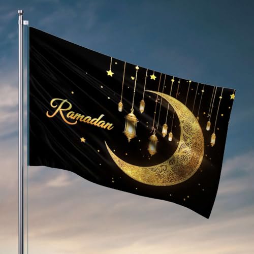 Coole Dekoration für Jungenzimmer, goldene Laternen hängen von einem Halbmond gegen einen Sternenhimmel. Flagge Happy Camper Geschenke Raumflaggen für Mädchen (30 x 45 cm) von DTWE
