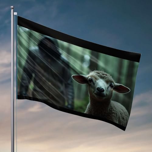 Coole Flaggen für Studentenwohnheim, ein Schaf schaut auf eine Kapuzenfigur im Wald. Flaggenflaggen für Zimmer, Teenager, Mädchen, lustige Hausdekoration (120 x 180 cm) von DTWE