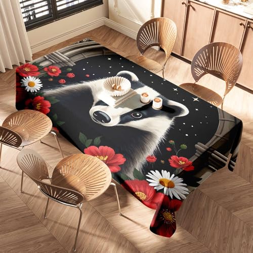 DTWE Rote Tischdecke Dachs umgeben von lebendigen Blumen unter einem Sternenhimmel. Elastische Rand-Tischdecke, blaue Tischdecke, Picknick-Tischdecke von DTWE