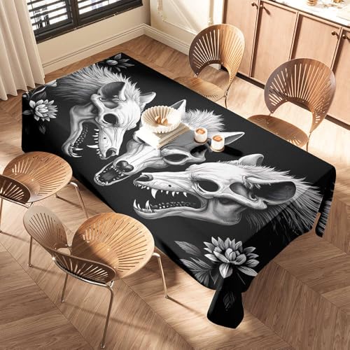 DTWE Violette Tischdecke mit Wolfsköpfen umgeben von aufwendigen Blumenmustern. Tischdecke mit elastischem Rand, Ostertischdecke, rosa Tischläufer von DTWE