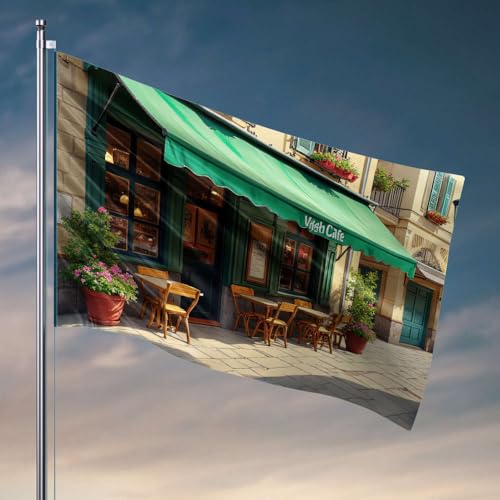 Flaggen für Mädchenzimmer, ein gemütliches Café im Freien mit Holztischen, Stühlen und leuchtend grüner Markise. Flaggenmännchen, Cabe-Dekor, Schlafzimmerzubehör (60 x 90 cm) von DTWE