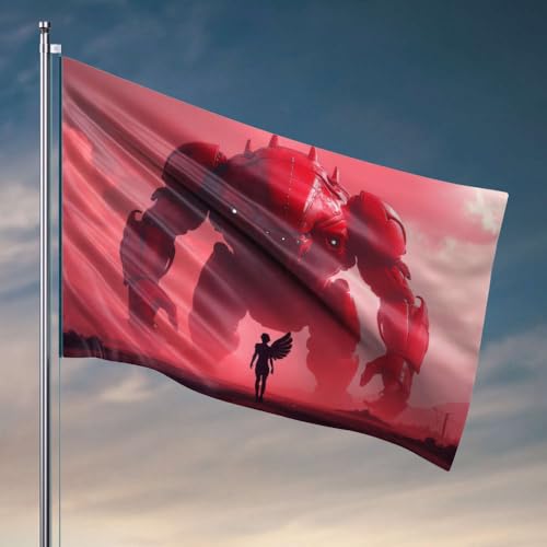 Flaggen für Studentenwohnheim, eine Person mit Flügeln steht vor einem riesigen roten Roboter. Flagge, Männerhöhle, Bar, lustige Flaggen (120 x 180 cm) von DTWE
