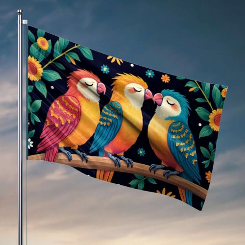 Flaggen für Zimmer, Teenager, Jungen, drei bunte Papageien, die auf einem Ast sitzen, umgeben von Blumen, Flagge, Männerhöhle, Bar, Hinterhof, Dekoration (120 x 180 cm) von DTWE