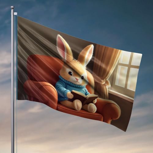 Gartenflagge, lustig, ein süßes Kaninchen, das ein Buch in einem Sessel liest, Flagge, Ehemann, Geschenke, Bürodekoration für Männer (60 x 90 cm) von DTWE