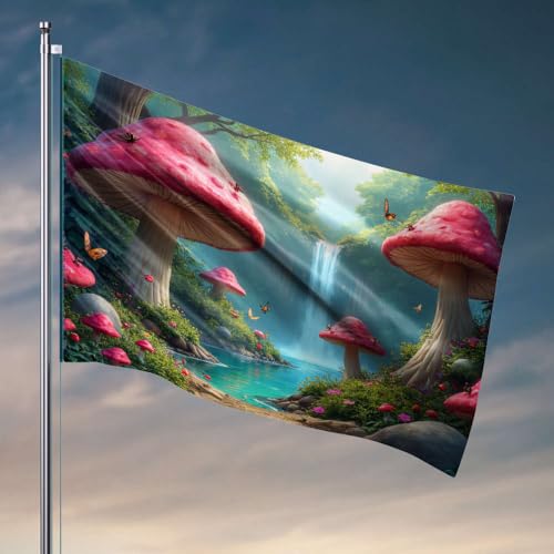 Gartenflaggen, lustig, magischer Wald mit riesigen Pilzen, Schmetterlingen und einem Wasserfall. Flaggenflaggen für Ihr Zimmer, Männerhöhle, Bar, 60 x 90 cm von DTWE