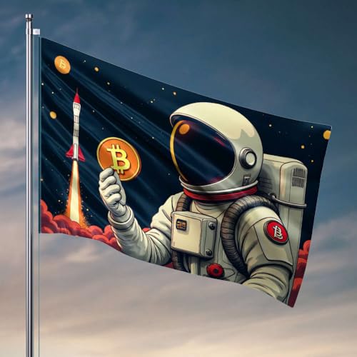 Heimdekoration für Herren, Astronaut, der Bitcoin-Symbol hält, mit Raketenstart im Hintergrund. Flagge, Poolzubehör, Barzubehör für Männerhöhle, 152 x 244 cm von DTWE