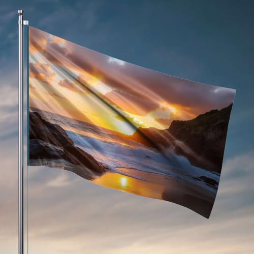 Heimdekoration für Herren, Sonnenuntergangswellen stürzen gegen felsige Klippen. Flagge, Poolzubehör, Barzubehör für Männerhöhle, 152 x 244 cm von DTWE