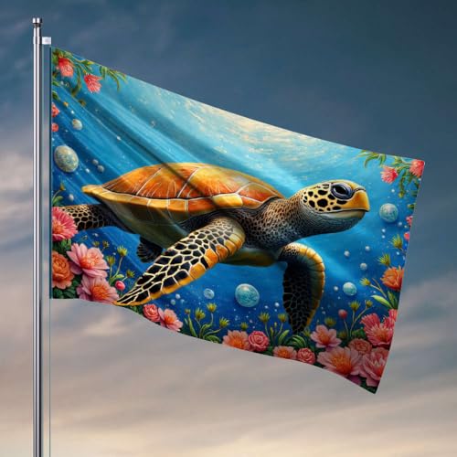 Herren-Höhlendekoration, eine Meeresschildkröte schwimmt unter bunten Blumen unter Wasser. Flagge, Herbstflagge, Gartenflagge, Bootsflagge (120 x 180 cm) von DTWE