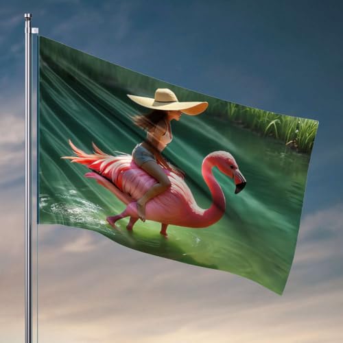 Lustige Flaggen für Studentenwohnheim, Mädchen, Frauen, die Flamingo im ruhigen Teich reiten. Flagge, Wohnheim-Zubehör, Flaggen für Raumdekoration (120 x 180 cm) von DTWE