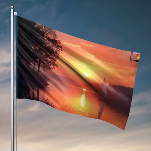 Lustige Poster für Studentenwohnheim, Sonnenuntergang über dem See mit Segelboot, Flagge, Outdoor-Dekoration, Poster für Studentenwohnheim (60 x 90 cm) von DTWE
