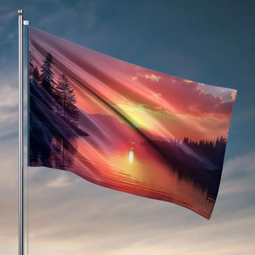 Lustige Poster für Studentenwohnheim, Sonnenuntergang über ruhigem See mit Bäumen, Flagge, Outdoor-Dekoration, Poster für Studentenwohnheim (152 x 244 cm) von DTWE