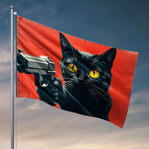 Lustige Poster für Studentenwohnheim, eine schwarze Katze, die eine Waffe vor rotem Hintergrund hält, Flagge, Outdoor-Dekoration, Poster für Studentenwohnheim (152 x 244 cm) von DTWE
