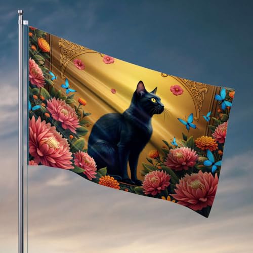 Lustige Poster für Studentenwohnheim, eine schwarze Katze, umgeben von lebendigen Blumen und Schmetterlingen. Flagge, Outdoor-Dekoration, Poster für Studentenwohnheim (152 x 244 cm) von DTWE