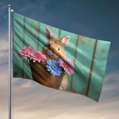 Lustige Terrassendekoration, niedlicher Hase mit bunten Blumen in einem Eimer, Flagge, Bar, Männerhöhle, Dekoration, Herrenwohnheim, Raumdekoration (30 x 45 cm) von DTWE