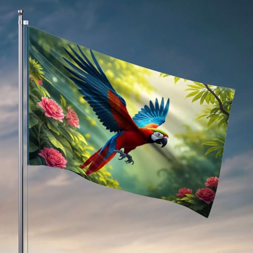 Lustige Wohnheim-Dekoration, ein bunter Papagei, der unter Blumen fliegt. Flagge für Jungs, lustige Poster für Studentenwohnheim (60 x 90 cm) von DTWE