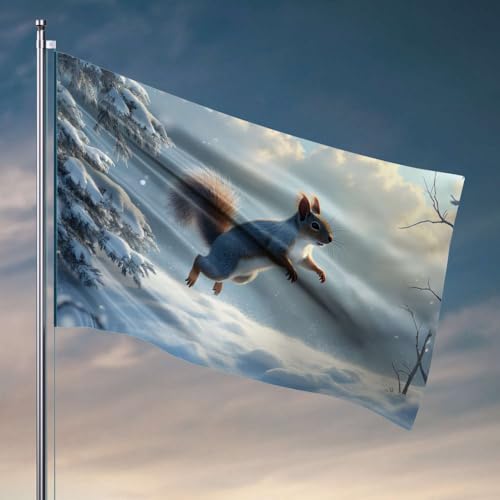 Lustige Wohnheimflaggen Ein Eichhörnchen springt durch eine verschneite Winterlandschaft. Flaggendekoration für Schlafzimmer, Herbstschilder für Veranda (60 x 90 cm) von DTWE