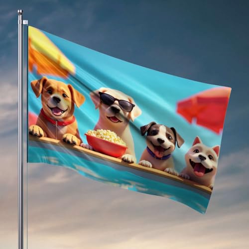 Lustige Wohnheimflaggen mit vier glücklichen Hunden, die Popcorn am Pool genießen, Flaggendekoration für Schlafzimmer, Herbstschilder für Veranda (60 x 90 cm) von DTWE