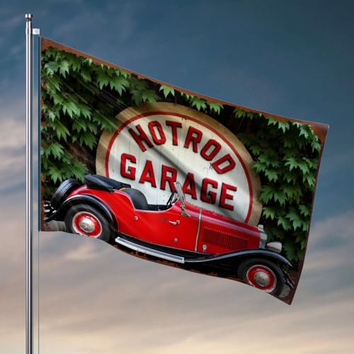Lustiges Terrassendekor, Vintage-Schild, rotes Hot-Rod-Auto vor der "Hotrod Garage", Flagge, Bar, Männerhöhle, Dekoration, Herrenwohnheim, Raumdekoration (120 x 180 cm) von DTWE