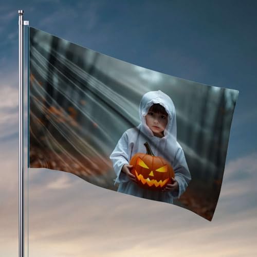 Männerhöhlen-Dekoration und Zubehör, ein Kind in einem weißen Geist-Kostüm, hält eine leuchtende Jack-O'-Lantern-Flagge, College-Zimmer-Schild, Spielzimmer-Dekoration (120 x 180 cm) von DTWE