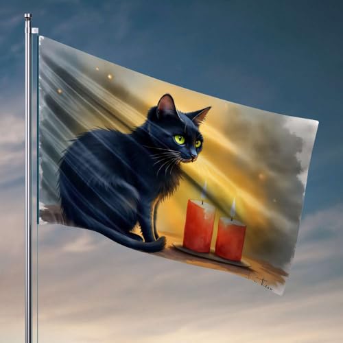 Männerhöhlenflaggen, schwarze Katze mit leuchtenden Augen, sitzt neben zwei beleuchteten Kerzen. Flagge, Mädchenzimmer-Dekoration, lustige Flaggen (152 x 244 cm) von DTWE