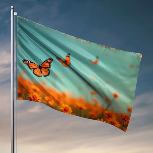 Man Cave Bar Schmetterlinge fliegen über orangefarbene Blumen Flagge Hinterhof Dekorationen Happy Camper Geschenke (120 x 180 cm) von DTWE