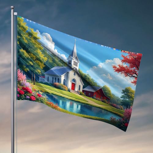 Poster für Studentenwohnheim, eine malerische Kirche mit lebendigen Blumen und einem ruhigen Teich. Flaggenflaggen für Zimmer, lustige Flaggen für Jungen (60 x 90 cm) von DTWE