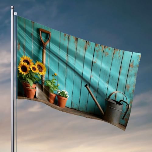 Raumflaggen für Teenager, Sonnenblumen, Pflanzen, Schaufel und Gießkanne an einer Holzwand. Flagge Herbstflagge Gartenflaggen für Zimmerjungen (120 x 180 cm) von DTWE