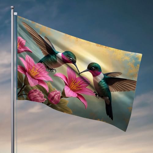 Schlafzimmerflaggen, Kolibris, die sich von lebhaften rosa Blumen ernähren, Flagge, Höhlenmann, Bar, Tiki-Bar für Außenterrasse (120 x 180 cm) von DTWE