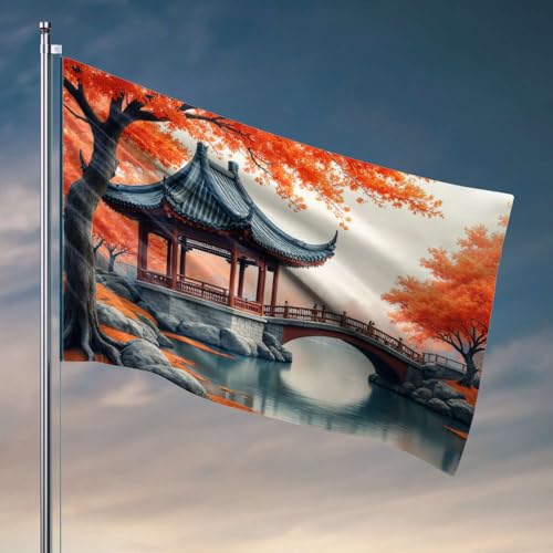 Sport-Bar-Dekoration, traditioneller chinesischer Pavillon, umgeben von Herbstlaub, Flagge, Angelboot, Zubehör, Schlafzimmer-Dekoration für Herren (60 x 90 cm) von DTWE