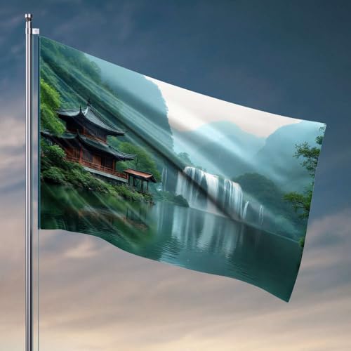 Sportbar-Dekoration, eine ruhige Landschaft mit traditionellem Pavillon, üppige grüne Flagge, Angelboot, Zubehör, Schlafzimmer-Dekoration für Herren (152 x 244 cm) von DTWE