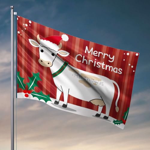 Stuff For Your Room Eine Kuh trägt eine Weihnachtsmütze mit Aufschrift "Merry Christmas". Flagge, Wohnmobil-Flagge, Stranddekoration für Zuhause (60 x 90 cm) von DTWE