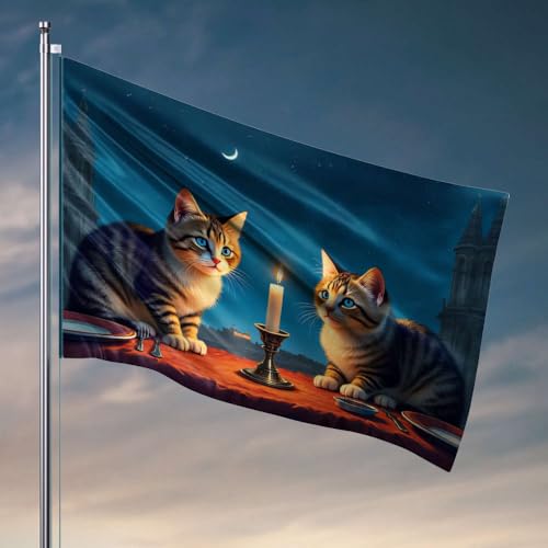 Wohnheim-Dekorationen für College-Jungs, zwei Katzen, die an einem Tisch sitzen, mit einer Kerze dazwischen. Flagge, Gartenflagge, Zubehör, lustige Wohnheim-Flaggen (60 x 90 cm) von DTWE
