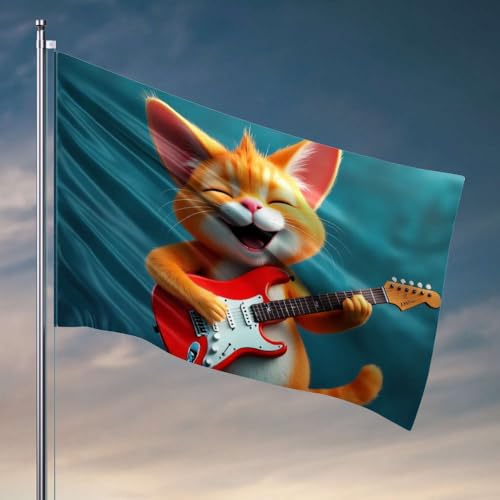 Zimmertür-Dekoration, Motiv: Eine fröhliche Cartoon-Katze spielt eine elektrische Gitarre, Flagge, College-Zimmer-Schild, Mädchenflaggen für Schlafzimmer (152 x 244 cm) von DTWE