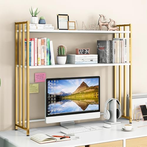2-stöckiger Schreibtischaufsatz aus Metall, verstellbares Organizer-Regal for Wohnheime, freistehendes Schreibtisch-Bücherregal for das Home-Office im Wohnheim(Gold and white,55cm21.6in) von DTWEFF