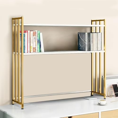DTWEFF Schreibtischaufsatz aus Metall for Wohnheime, 2-stöckiges Organizer-Regal for Wohnheime, Schreibtisch-Bücherregal mit verstellbarem Präsentationsständer(Gold and White,55cm21.6in) von DTWEFF