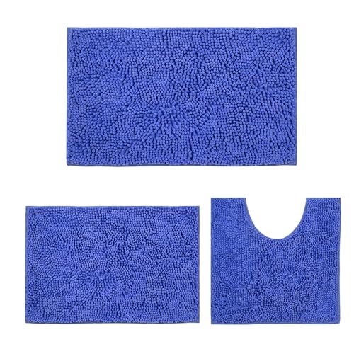 Badematte, Rutschfeste Badematten Sets 3 Stück, Chenille 20*32inch, 16*24inch Badteppich und 20*20inch U Form Toilette Teppich, weiche und saugfähige Badematte Set für Bad, Schlafzimmer(Jean Blau) von DTXDTech