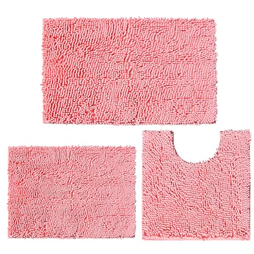 DTXDTech Badezimmerteppich rutschfeste 3 Stück, Chenille 20 * 32inch, 16 * 24inch Badteppich und 20 * 20inch U Form Toilette Teppich, weiche und saugfähige Badematte Set für Bad, Schlafzimmer(Rosa) von DTXDTech