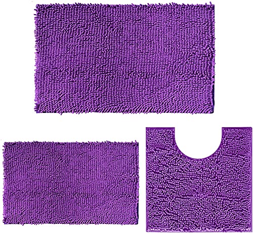 Badematte, Rutschfeste Badematten Sets 3 Stück, Chenille 20*32inch, 16*24inch Badteppich und 20*20inch U Form Toilette Teppich, weiche und saugfähige Badematte Set für Bad, Schlafzimmer(Tiefes Lila) von DTXDTech