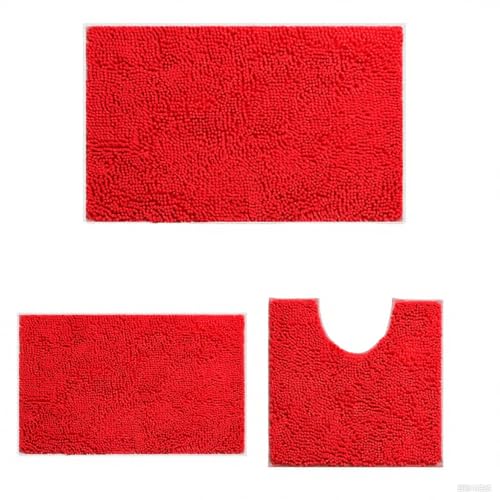 DTXDTech Badezimmerteppich rutschfeste 3 Stück, Chenille 20 * 32inch, 16 * 24inch Badteppich und 20 * 23inch U Form Toilette Teppich, weiche und saugfähige Badematte Set für Bad, Schlafzimmer(Rot von DTXDTech