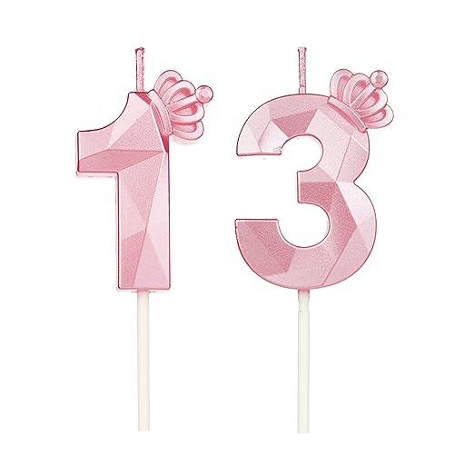 Geburtstagskerzen Zahlen 13 mit Krone，Kerzen Geburtstag für Kuchen geburtstagsdeko, Geburtstag Kerzen Zahlen, Geburtstagskerzen Kinder für Partys, Hochzeiten, Firmenfeiern, Jubiläen (Rosa #13) von DTXLX