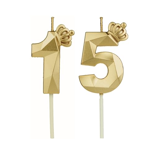 Geburtstagskerzen Zahlen 15 mit Krone，Kerzen Geburtstag für Kuchen geburtstagsdeko, Geburtstag Kerzen Zahlen, Geburtstagskerzen Kinder für Partys, Hochzeiten, Firmenfeiern, Jubiläen (Gold #15) von DTXLX