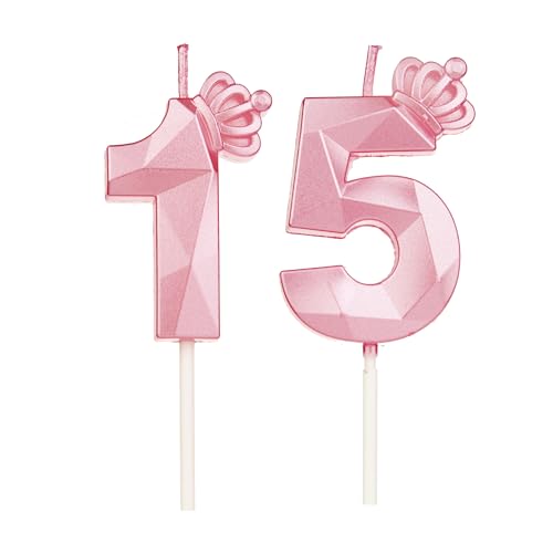 Geburtstagskerzen Zahlen 15 mit Krone，Kerzen Geburtstag für Kuchen geburtstagsdeko, Geburtstag Kerzen Zahlen, Geburtstagskerzen Kinder für Partys, Hochzeiten, Firmenfeiern, Jubiläen (Rosa #15) von DTXLX