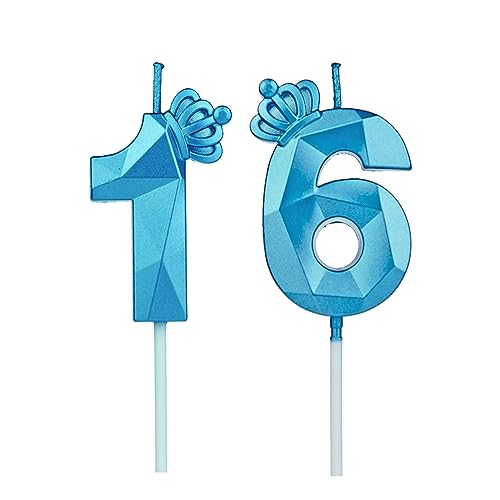 Geburtstagskerzen Zahlen 16 mit Krone，Kerzen Geburtstag für Kuchen geburtstagsdeko, Geburtstag Kerzen Zahlen, Geburtstagskerzen Kinder für Partys, Hochzeiten, Firmenfeiern, Jubiläen (Blau #16) von DTXLX